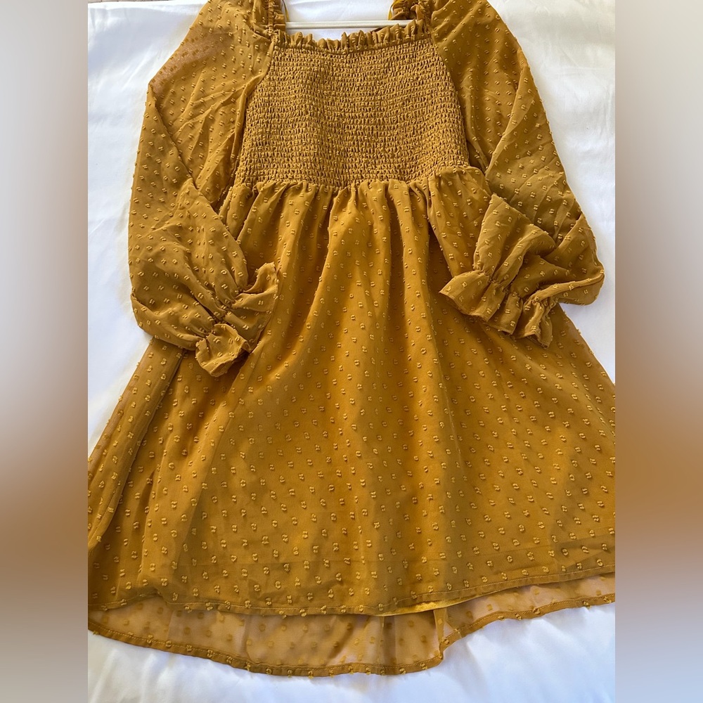 Yellow Smocked Mini Dress Small Puff Sleeve Swiss Dot Babydoll Boho